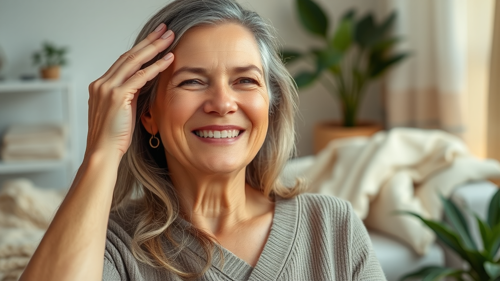 middle-aged woman applying natural oil for hair loss prevention