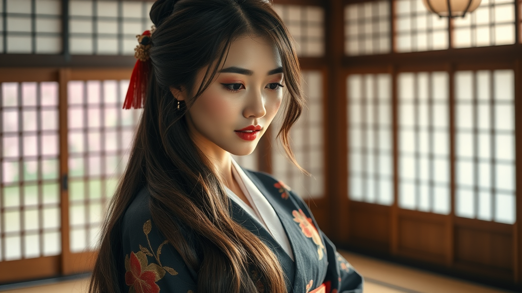 Japanese woman with shiny hair using camellia oil for natural hair treatment