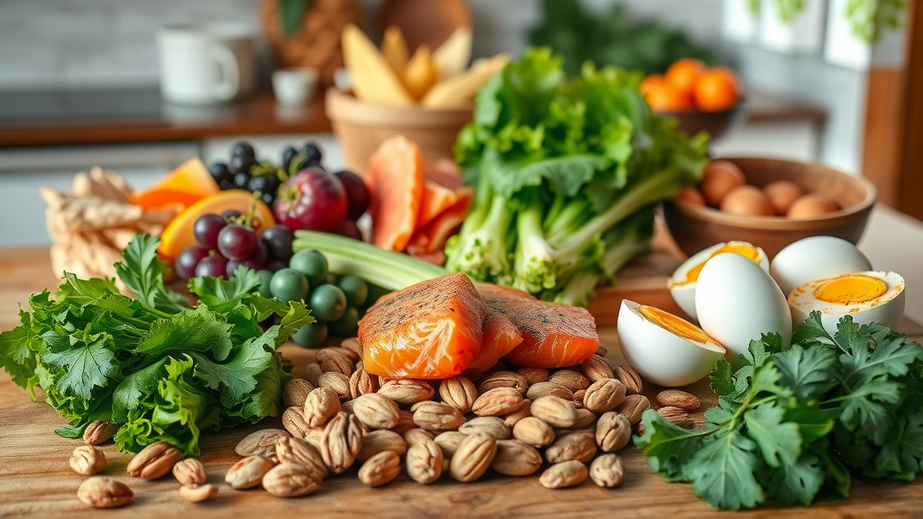 foods rich in vitamins and minerals for hair health, biotin, vitamin D, iron, zinc, folic acid sources laid out on wooden table, hair nutrition