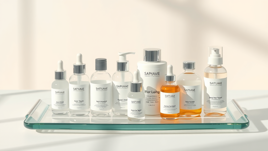 Artistic arrangement of clean, high-end hair care and scalp care products for scalp health, on glass tray, spa background