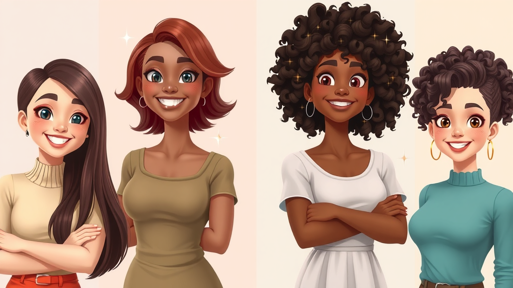 Artistic, four diverse women with different healthy hair types (straight, wavy, curly, coily), Main Keyword: hair health, cartoon illustration, pastel background