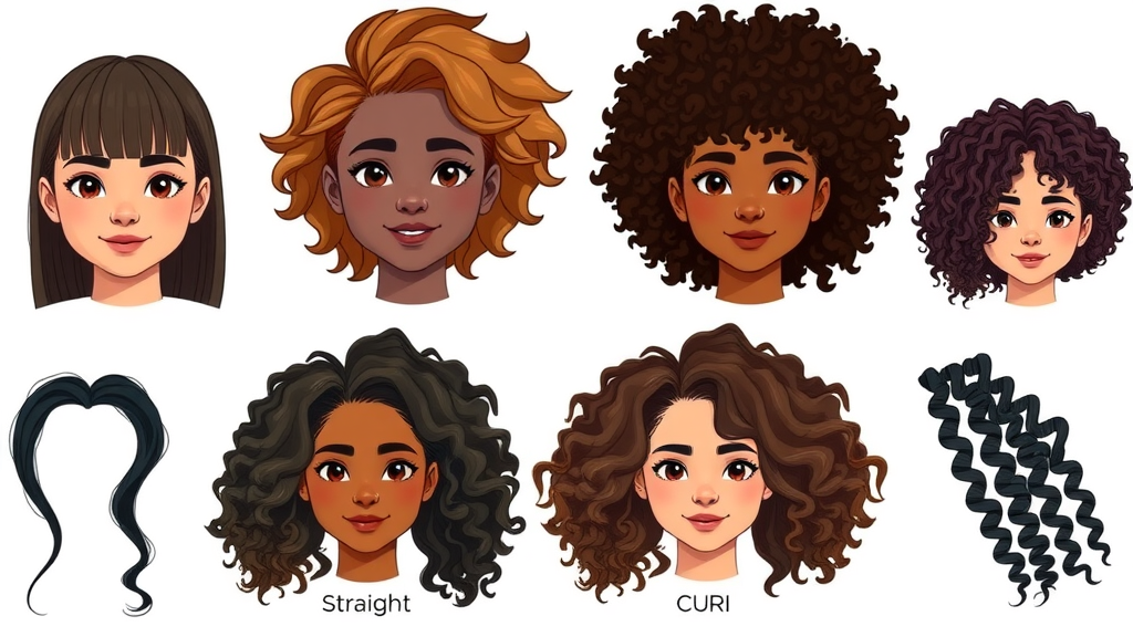 Illustration: straight, wavy, curly, coily hair types, hair care tips