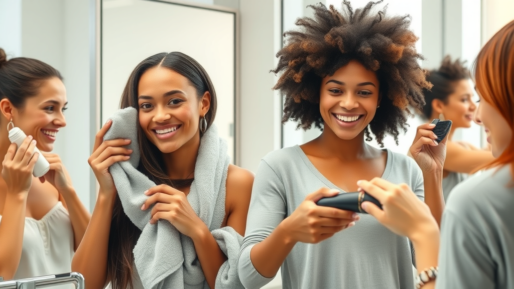 Cheerful, diverse individuals performing gentle hair care routines, Main Keyword: keep your hair healthy, modern bathroom background