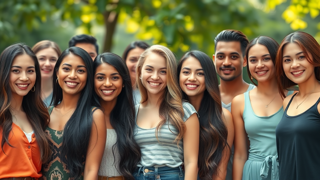 Glossy diverse group of people with frizz-free hair using humidity-fighting hair products outdoors on a humid day