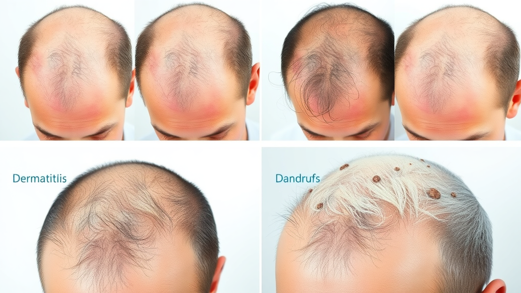 Clear comparison collage showing visual symptoms of seborrheic dermatitis, atopic dermatitis, psoriasis, and dandruff on the scalp,