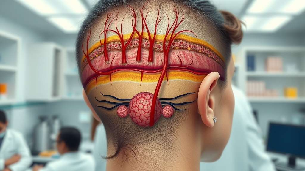Detailed medical illustration of scalp layers showing hair follicles and blood vessels, explaining follicle vitality and hair growth