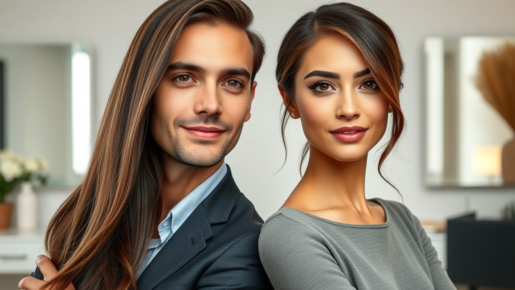 Professional man and woman with healthy hair using top shampoos for hair care