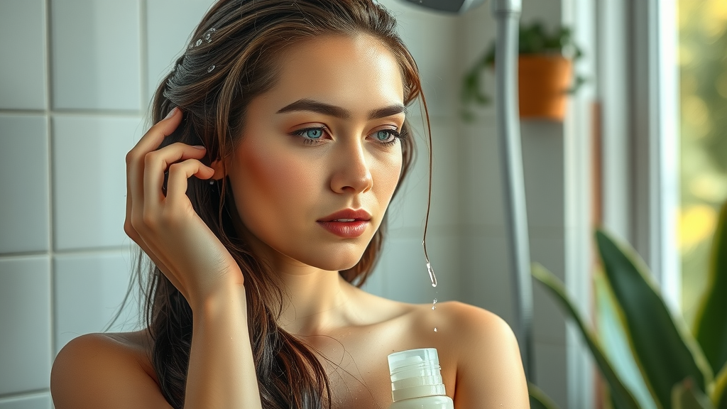 young woman gently washing hair with sulfate-free shampoo for hair loss prevention