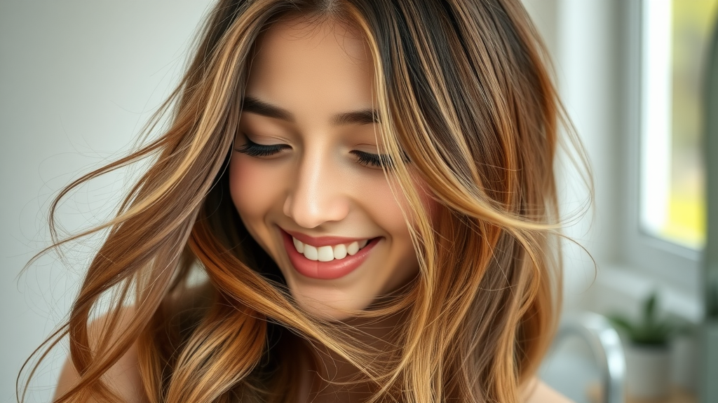 Radiant, healthy hair prevent hair damage gently tossing in a modern home bathroom