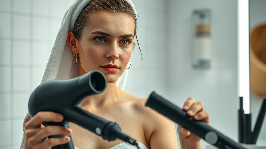 Modern styling tools, blow dryer, flat iron, hair care tips