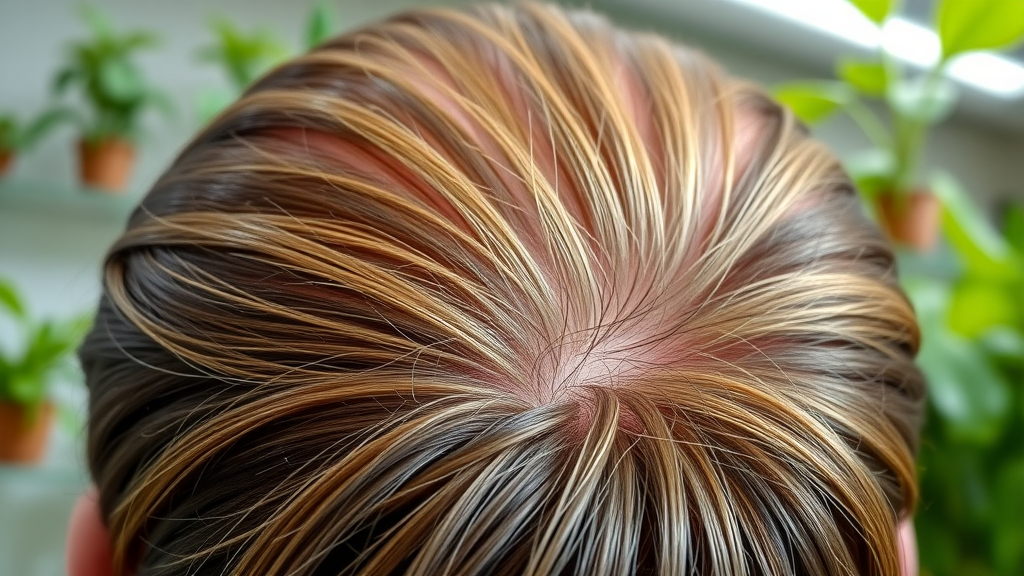 Vibrant close-up of a healthy scalp with thick, shiny hair roots visible, illustrating optimal scalp health, natural environment with fresh green plants, photorealistic