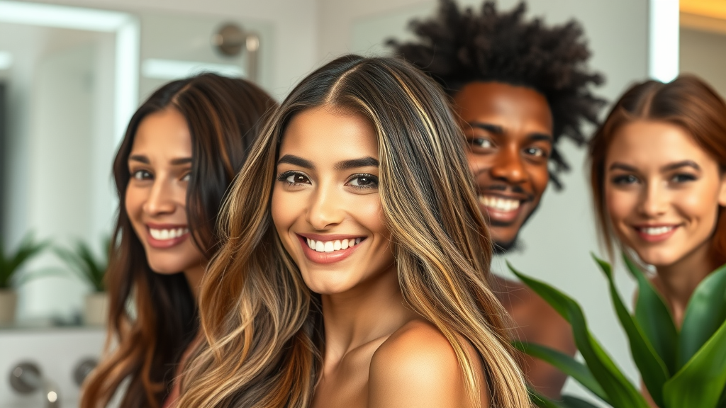 Radiant diverse women and men with healthy, shiny hair, modern bathroom, hair care tips