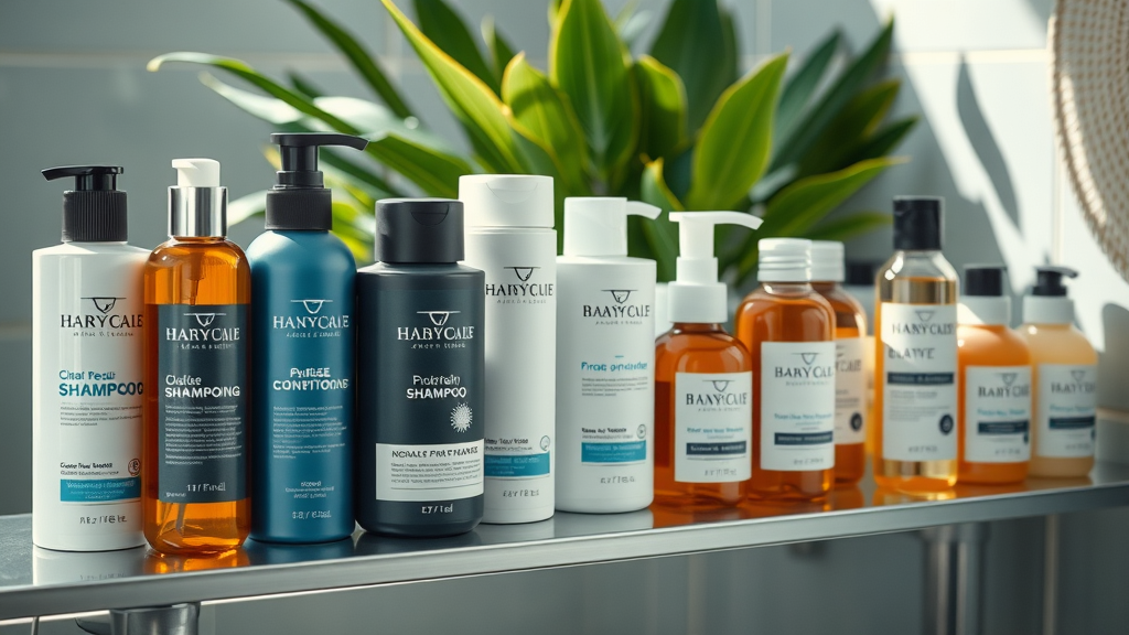 Array of high-quality shampoos, conditioners, and hair serums prevent hair damage on bathroom shelf