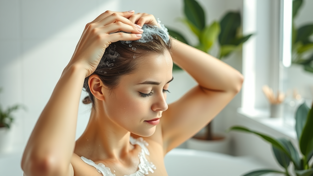 Person gently massaging shampoo into scalp in a modern, clean bathroom, demonstrating daily scalp care
