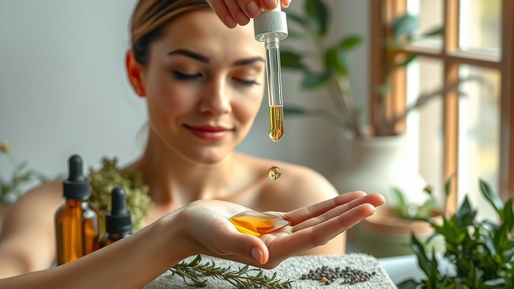 essential oil for hair growth natural oils fresh herbs dropper bottle serene spa setting