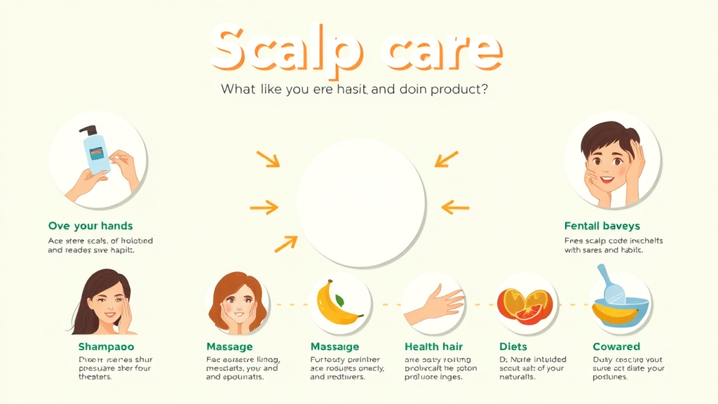 Bright infographic summarizing key scalp care habits and products for healthy hair and scalp