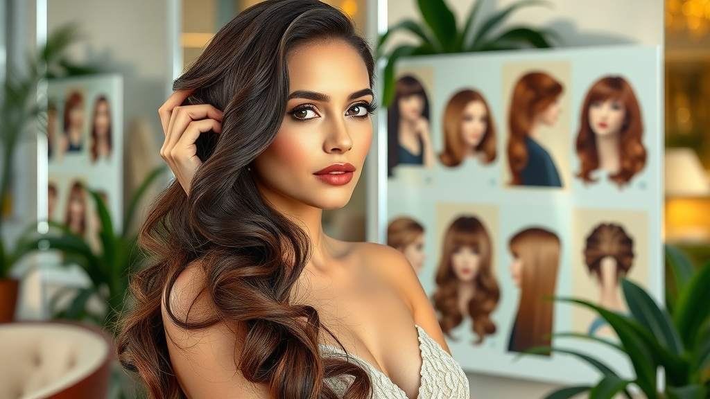 Elegant woman perfect hairstyles trendy salon mirror face shape