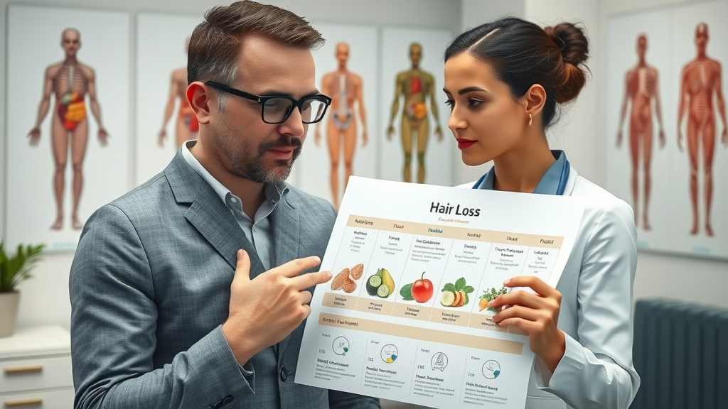 nutritionist showing chart of hair loss causes to client, highlighting nutrient deficiency, hair nutrition and healthy hair advice