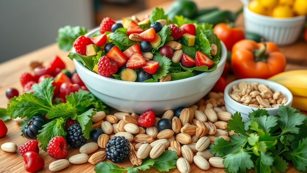 Foods that enhance hair health: berries, nuts, greens, colorful salad for healthy hair routine