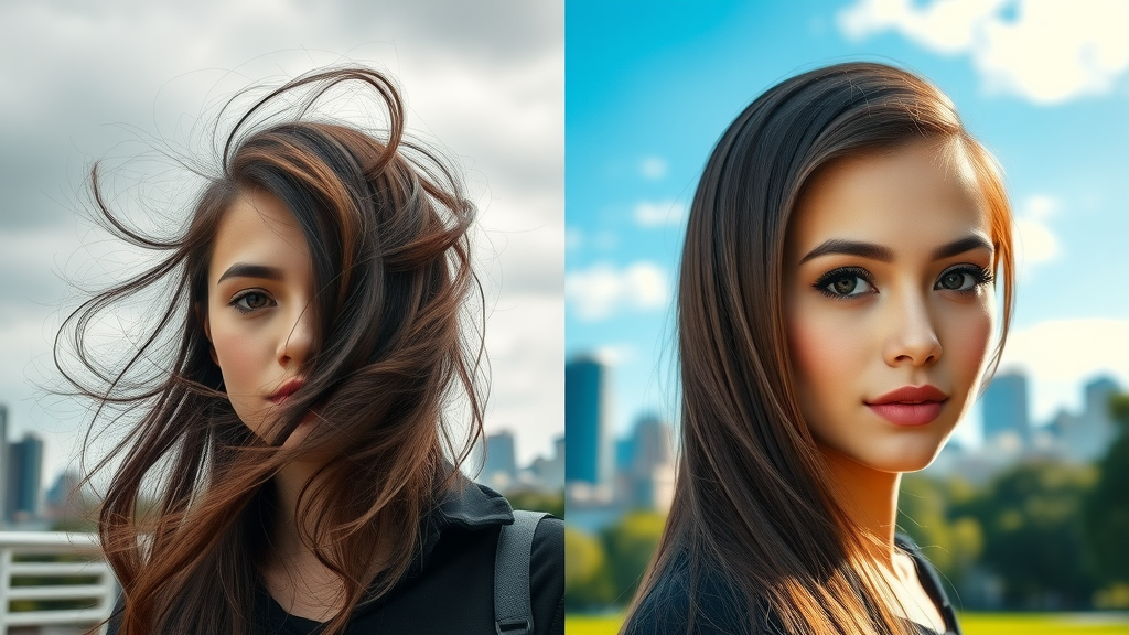 Before and after using humidity-fighting hair products: frizzy hair vs sleek, smooth hair in humidity