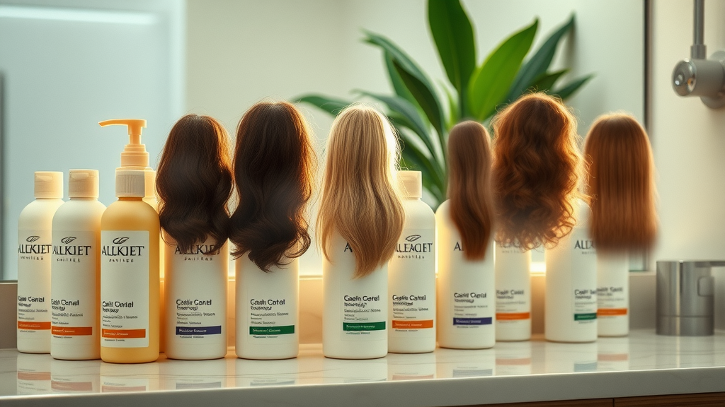 Organized best shampoos for healthy hair selection by hair type on bathroom counter