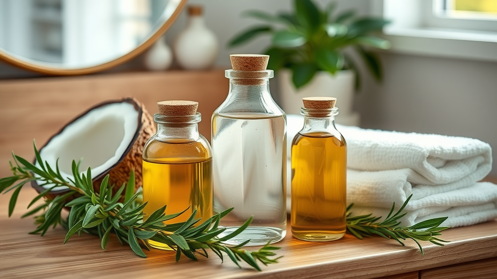 Coconut oil, olive oil, and rosemary essential oil for natural hair treatments, glass jars on wooden vanity