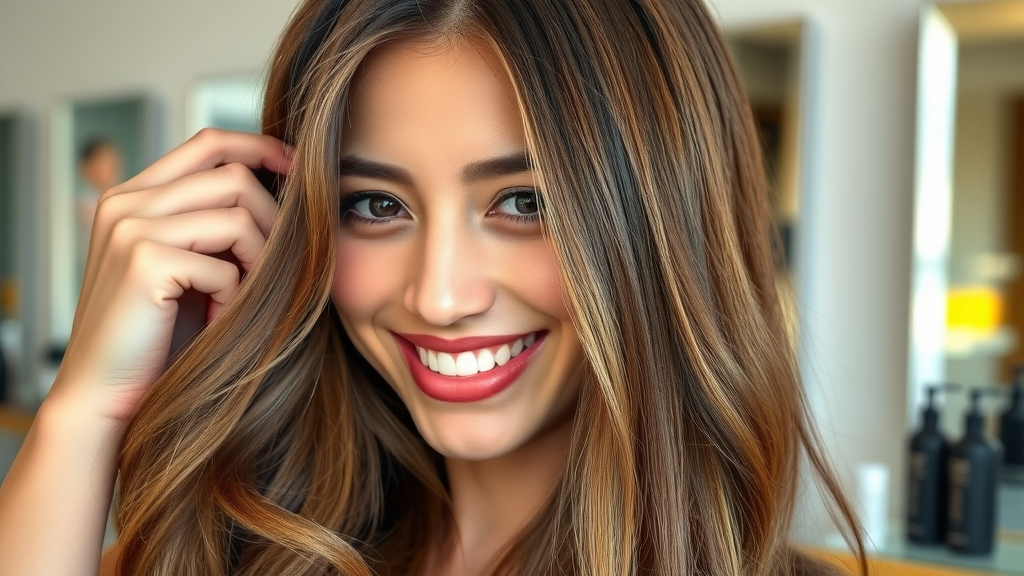 Close-up of healthy shiny hair smiling model in salon, healthy hair routine