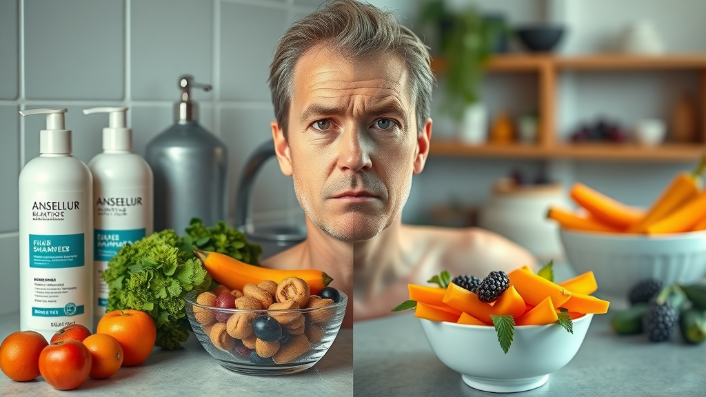 contrast between high-end shampoo bottles vs fresh foods on kitchen counter, myth-busting focus on hair nutrition, healthy hair choice