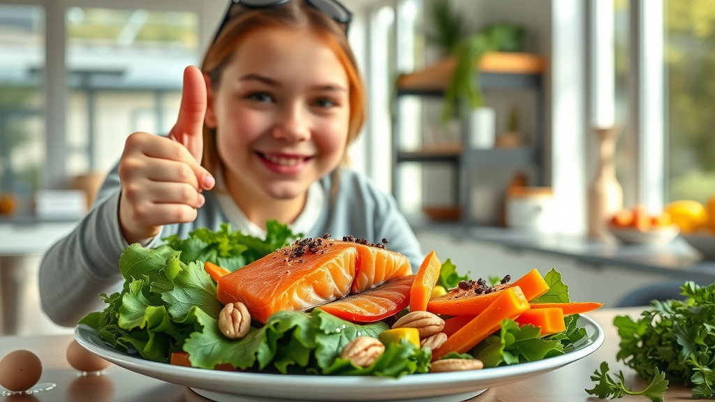 balanced meal with salmon, leafy greens, and nuts supporting hair loss prevention