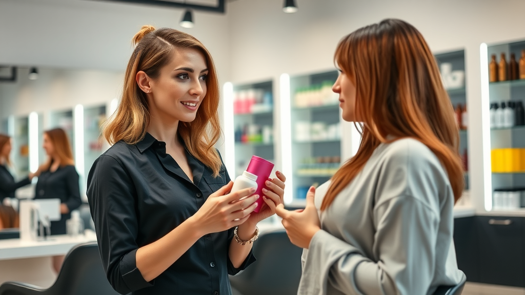 Professional hairstylist consulting client best shampoos for healthy hair in a vibrant modern salon