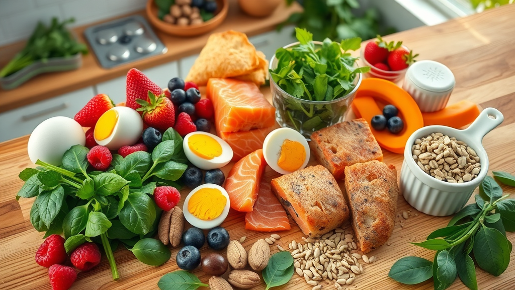Colorful, vibrant overhead display of superfoods (eggs, berries, spinach, salmon, nuts, seeds) on kitchen counter, Main Keyword: hair health, modern kitchen, natural light