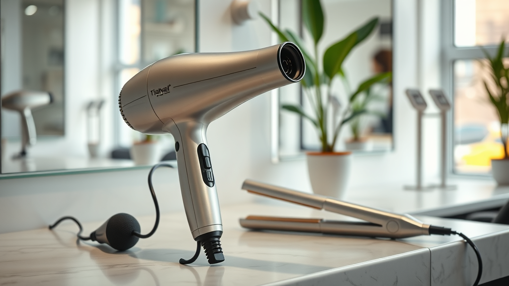 Modern blow dryer and flat iron prevent hair damage on a salon counter, idle and unused