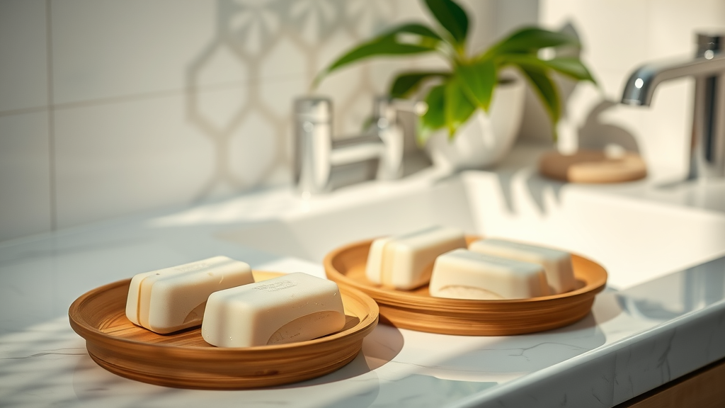 Eco-friendly shampoo bars for healthy hair on bamboo tray in bright bathroom