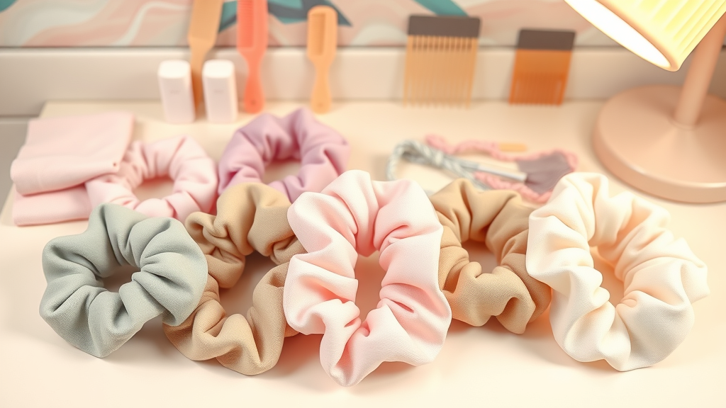 Assortment of gentle fabric hair ties and silk scrunchies prevent hair breakage on vanity table