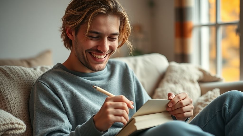 Person journaling hair care routine results at home, adjusting for seasonal change