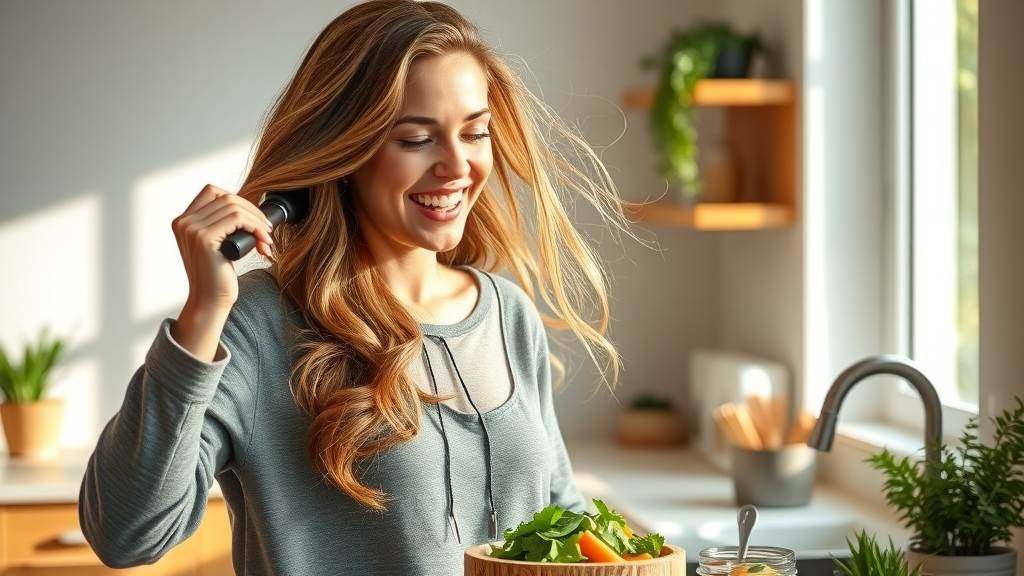 natural hair growth energetic morning brushing hair healthy foods sunlight home