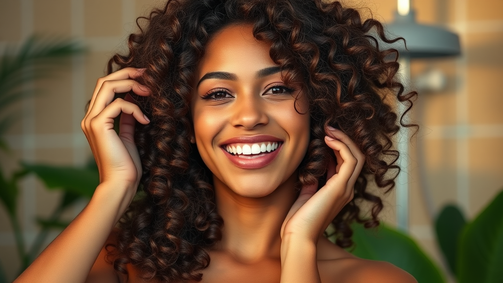 Woman with healthy curly hair using best shampoo for curls in a lush bathroom