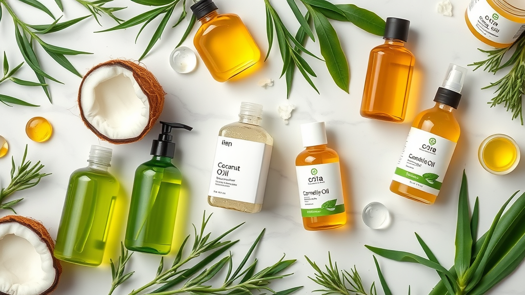 Collage of top-rated natural hair treatments: coconut oil, olive oil, rosemary oil, camellia oil, aloe vera
