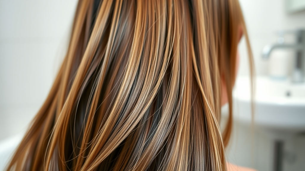Vibrant, close-up of healthy, shiny hair strands, no visible split ends, glossy and smooth, Main Keyword: keep your hair healthy, softly blurred bathroom background