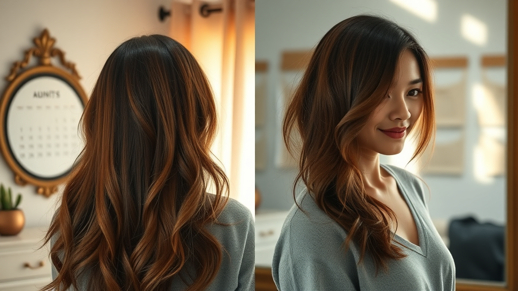 Inspirational before-and-after sequence: hair improvement journey, Main Keyword: hair health, confident person reviewing hair progress in mirror
