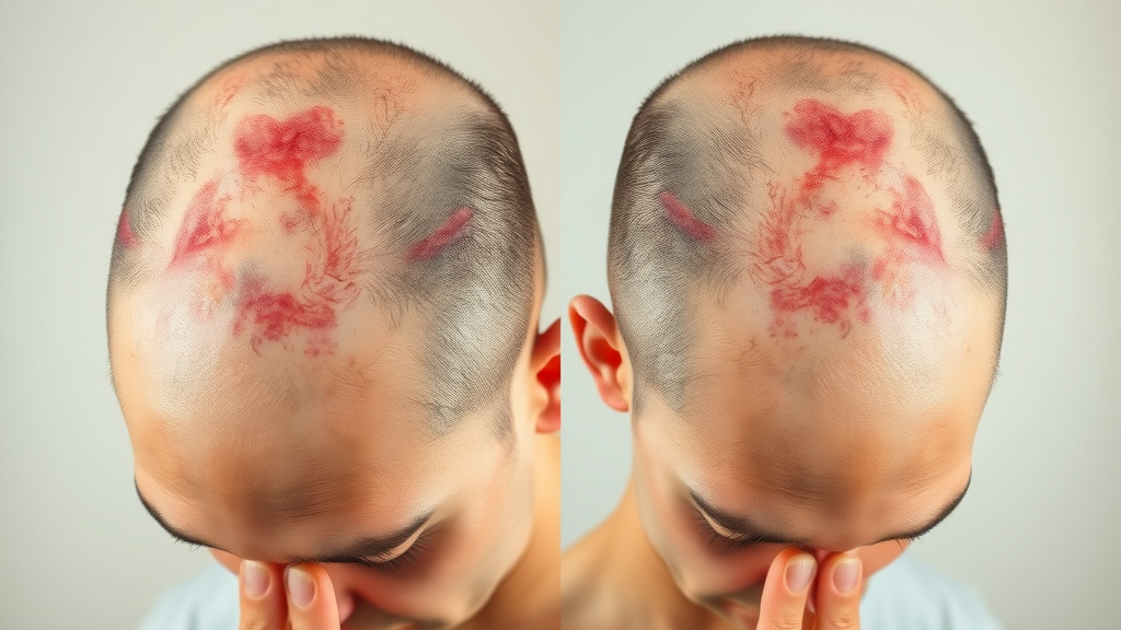 High-contrast side-by-side of two scalps: one with irritation, redness, and flaking, the other smooth and healthy, scalp health comparison