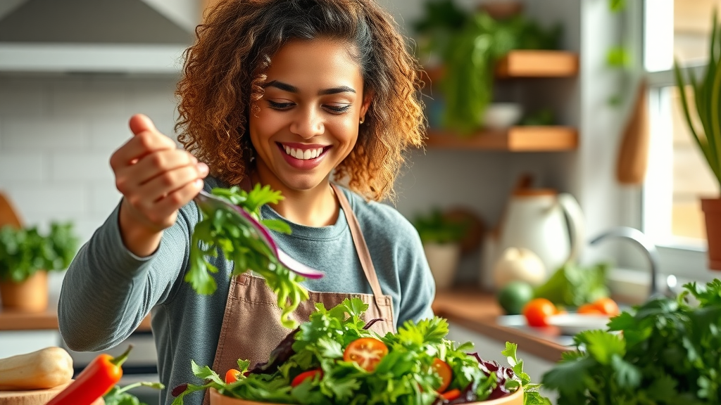 person preparing a colorful, nutrient-dense salad for hair health and hair nutrition, kitchen scene with bright vegetables, leafy greens, smiling expression
