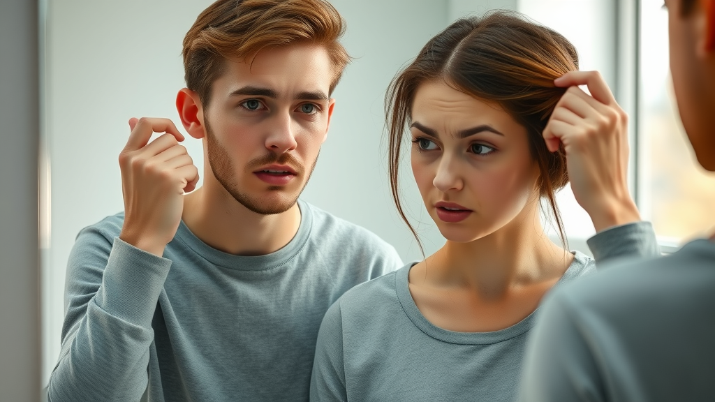 concerned young man and woman examining hair for hair loss prevention in modern bathroom