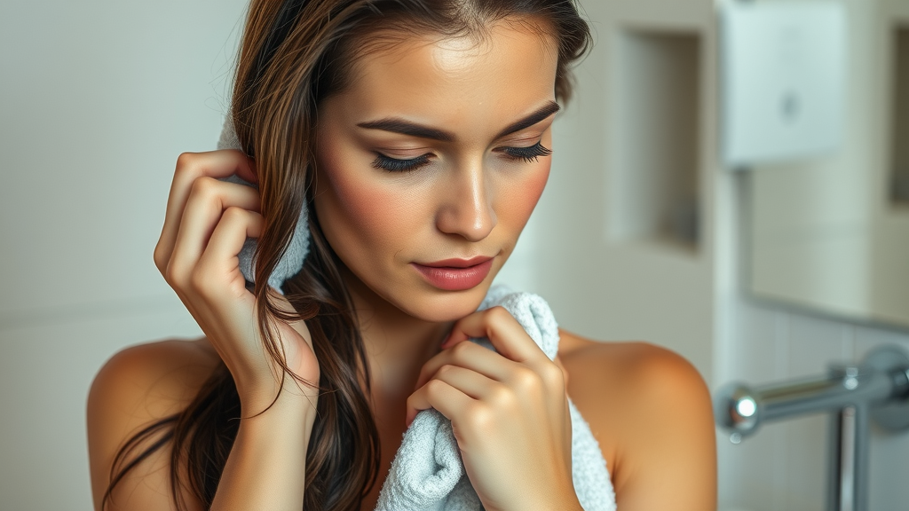 Woman carefully towel-drying prevent hair damage on long wet hair in a modern bathroom