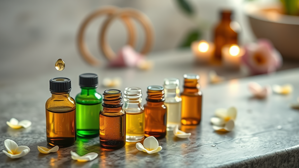 Essential oils for natural hair treatments and hair growth, spa bottles on stone countertop