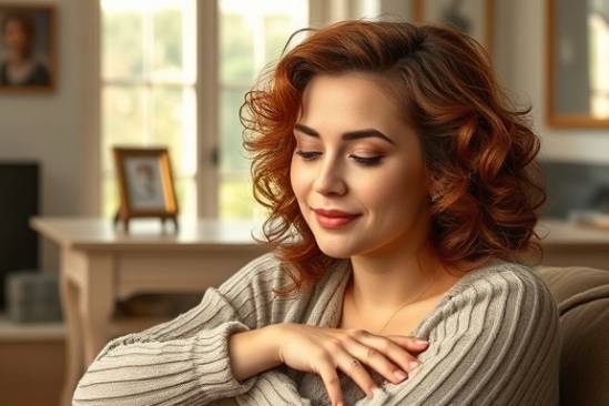 elegant curly hairstyle, serene smile, gently resting, photorealistic, cozy living room with vintage decor, highly detailed, sunlight streaming through windows, soft auburn, natural soft lighting, shot with an 85mm lens.