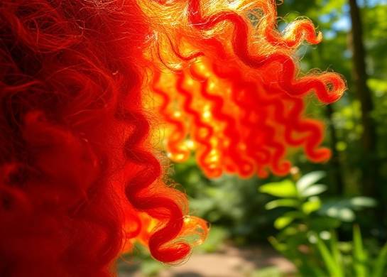 vibrant curly texture, curious gaze, exploring surroundings, photorealistic, lush forest with sun-dappled foliage, highly detailed, gentle breeze moving the hair, macro texture view, fiery red, diffused sunrays, shot with a macro lens.