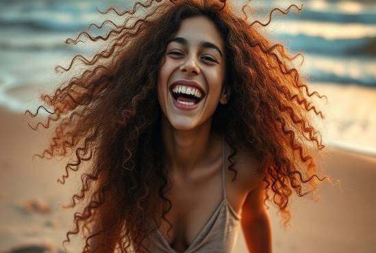 Joyful laughter and dynamic curly curls dancing on a sandy beach at sunset, capturing sea mist.