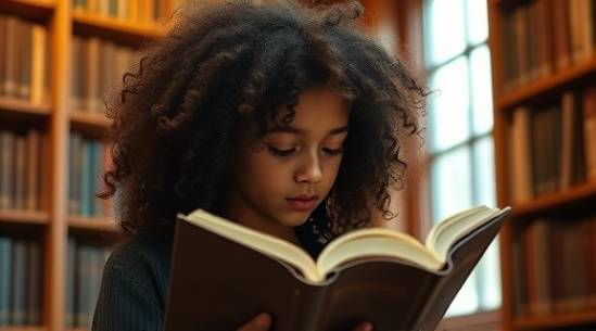 natural curly curls, gentle thoughtfulness, reading intently, photorealistic, cozy library with wooden bookshelves, highly detailed, page reflections on curls, earthy brown shades, soft ambient lighting, shot with a prime lens.