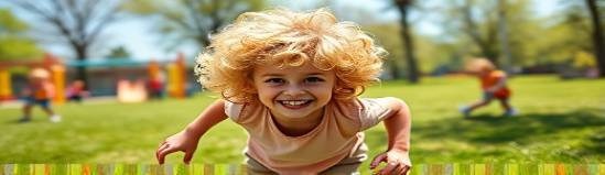 playful curly hairstyle, mischievous grin, running energetically, photorealistic, grassy park with a playground and children, highly detailed, curls bouncing with motion, bright blond highlights, bright midday lighting, shot with a telephoto lens.
